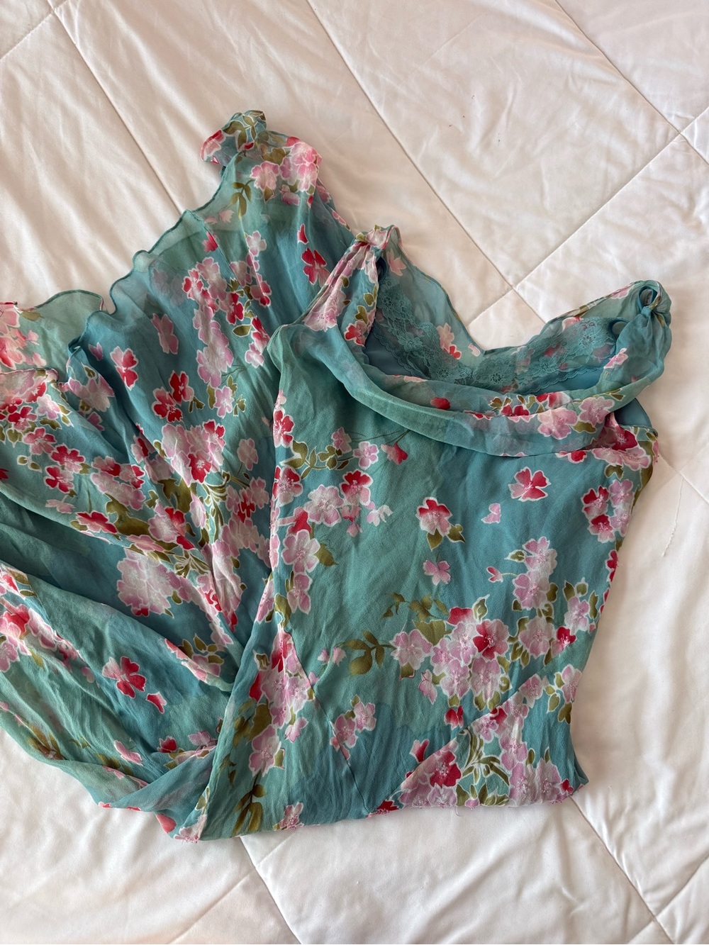 Floral Chiffon Midi Dress in Teal with Pink Blossoms